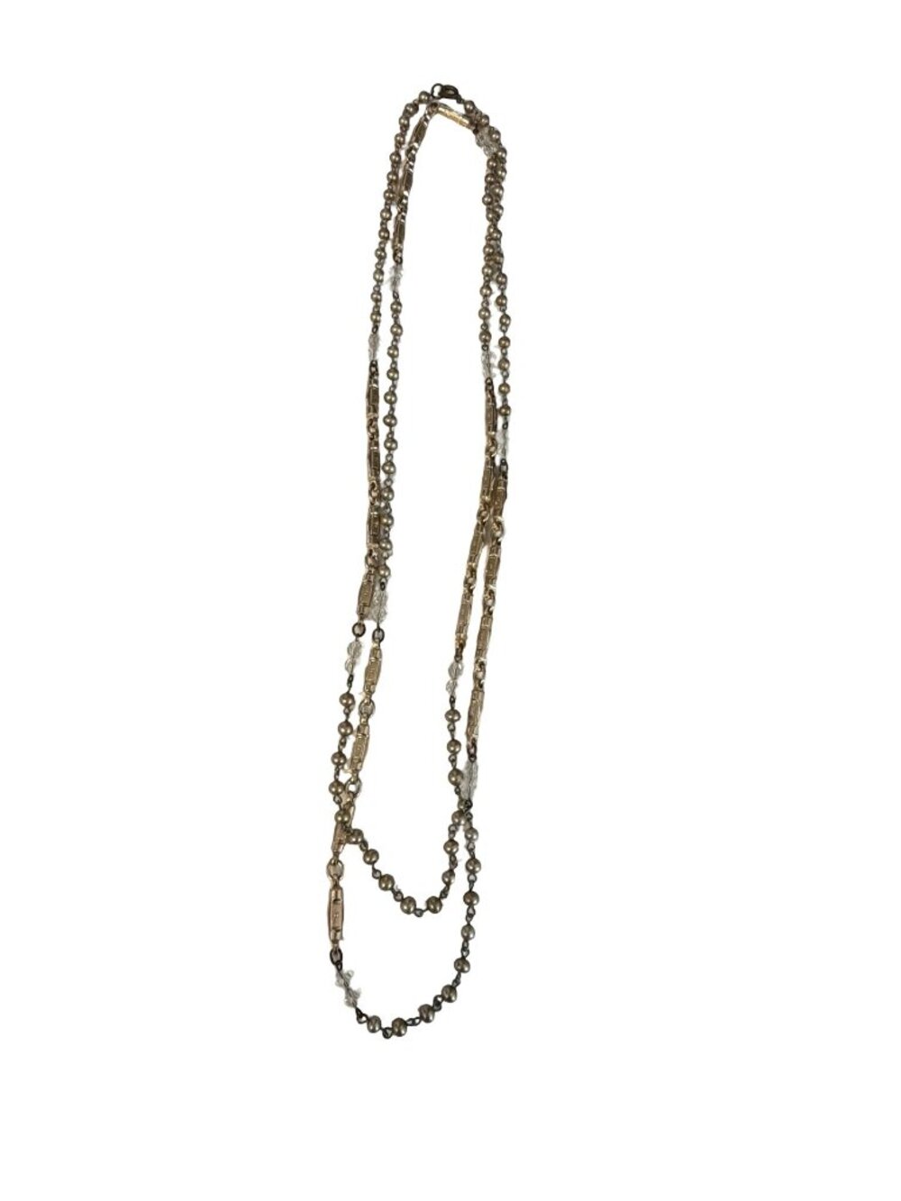 Vintage Long Layered Beaded Necklace 58” Gold Tone Faux Pearl Clear Beads Boho S
